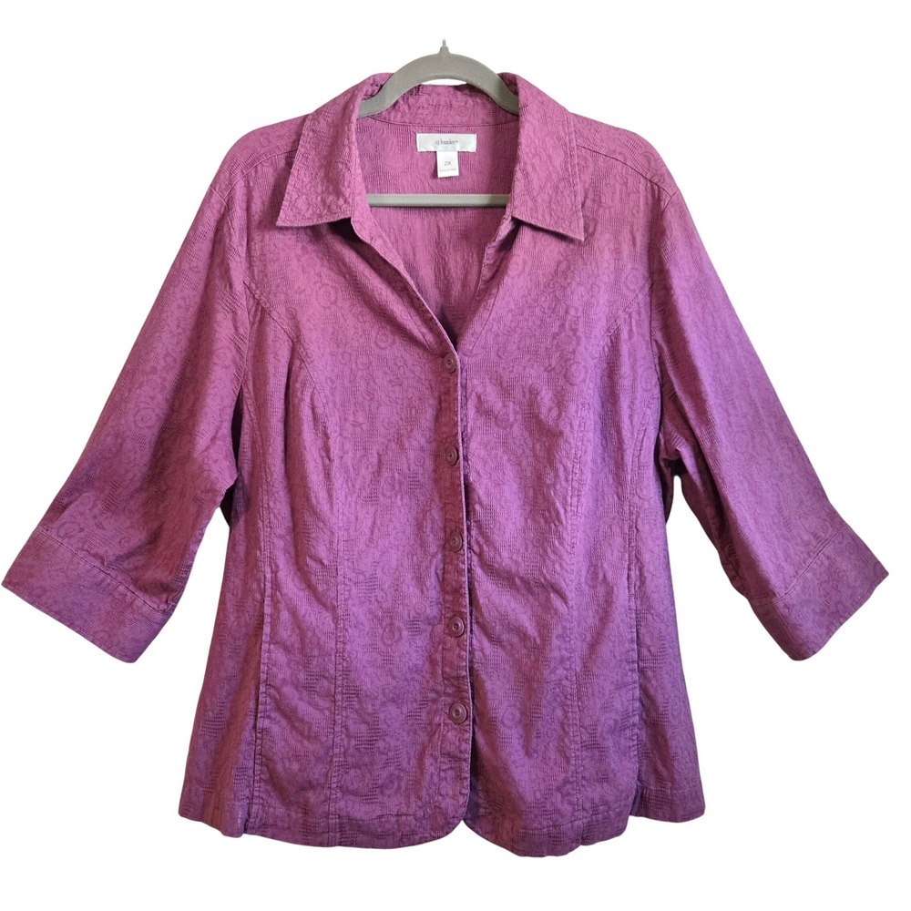 CJ Banks Womens 2X Retro Chic Magenta Brocade 3/4 Sleeve Button Down Shacket‎